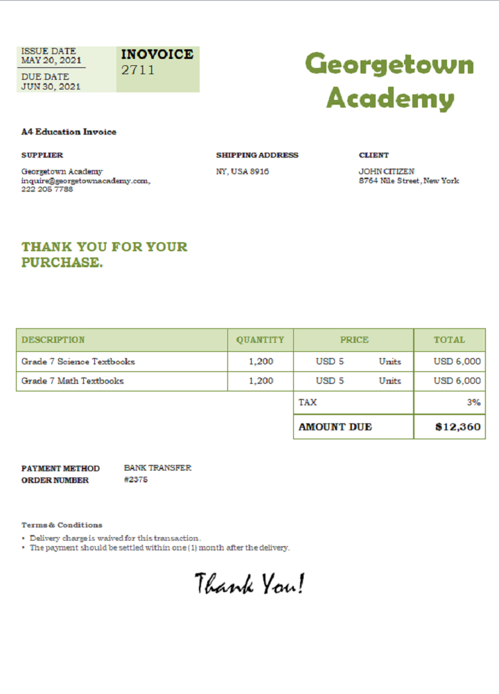 USA Georgetown Academy invoice PSD template